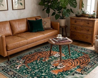 Tiger Rug, Emerald Green Jungle Area Rug, Maximalist Decor, Exotic Animal Rug, Vintage Botanical Floor Mat, Large Living Room Rug, Washable