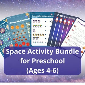 Space Activity Bundle for Preschool – 20 Pages – Counting, Cutting, Puzzles & Writing – Ages 4-6 – PDF Download