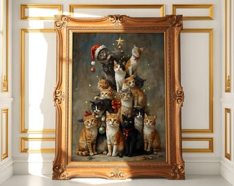 Christmas Cat Tree Wall Art Printable, Whimsical Holiday Cat Illustration, Festive Digital Download