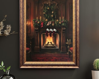 Vintage Christmas Fireplace Art Print | Holiday Digital Wall Decor | Festive Mantel Illustration | Digital Download