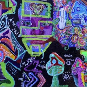 May include: Abstract painting with a black background and colorful psychedelic imagery. Features a face, mushrooms, and text including "DON'T CRY", "BACK 2 REALITY", and "NO HALO". The artwork is vibrant with neon green, purple, and blue.