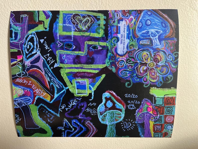 May include: Colorful artwork on black background with a face, mushrooms, and text. The artwork features a face with purple and green outlines, mushrooms in blue, red, and purple, and the words "DON'T CRY" and "BACK 2 REALITY".