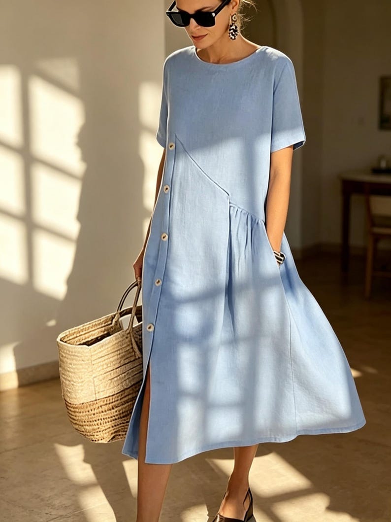 May include: A light blue linen dress with short sleeves and a button-down front. The dress features a side slit and a gathered detail at the waist. A woven straw tote bag is held in the hand.