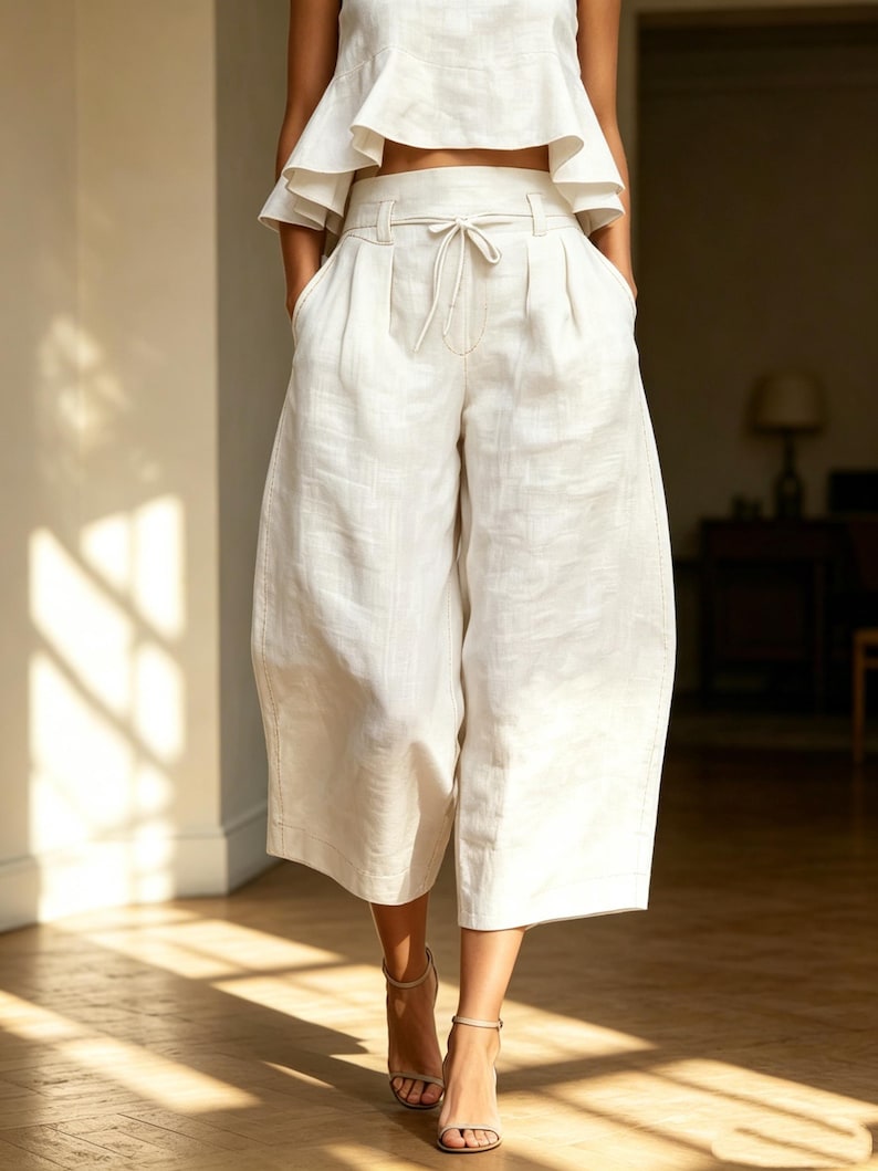 Handmade Cotton Linen Sleeveless Set – Wide Leg Pants Set – Summer Two Piece Outfit – Breathable Natural Fabric – Gift For Her bild 3