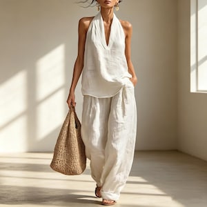 May include: A white linen halter top and wide-leg pants set. The top has a deep V-neck and the pants are loose-fitting. A woven tote bag is carried in the left hand. The outfit is paired with sandals.