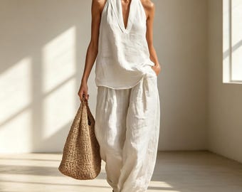Handmade Tencel Linen Sleeveless Suit – Wide Leg Pants Set – Summer Two Piece Outfit – Breathable Natural Fabric