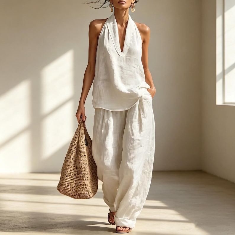 May include: A white linen halter top and wide-leg pants set. The top has a deep V-neck and the pants are loose-fitting. A woven tote bag is carried in the left hand. The outfit is paired with sandals.