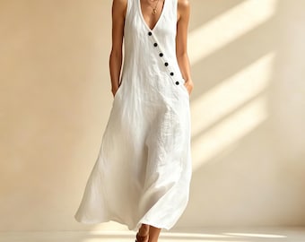 Handmade Tencel Linen Sleeveless Dress – Breathable Natural Fabric Summer Dress – Eco Friendly Casual Dress