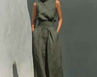 Handmade Tencel Linen Sleeveless Set – Wide Leg Pants Set – Summer Two Piece Outfit – Breathable Natural Fabric – Gift For Her
