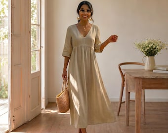 Handmade Natural Cotten Linen Maxi Dress – Flowy Summer Dress – Minimal Resort Wear
