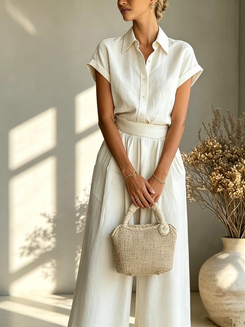 May include: A cream-colored linen outfit consisting of a short-sleeved button-down shirt and wide-leg pants. A woven handbag with a circular clasp is held in front. The outfit is accessorized with gold bracelets.