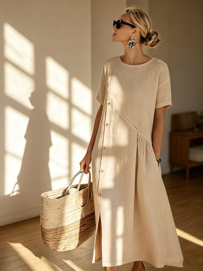 May include: A beige linen dress with short sleeves and a button-up front. The dress has a side slit and is paired with a woven tote bag. The dress is a neutral color and appears to be lightweight.