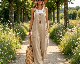 Vintage Handmade Cotton Linen Jumpsuit： Wide Leg - Coastal Cottagecore Style - Gift For Her
