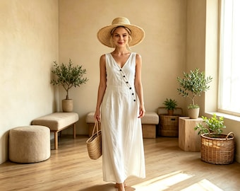 Minimalist Linen Blend Maxi Dress - Sleeveless A-Line Casual Summer Dress, Breathable Relaxed Fit
