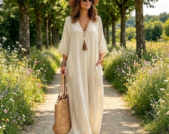 Vestido largo de lino y algodón con ribete de encaje – Estilo bohemio, tejido natural transpirable – Corte holgado y fluido en línea A