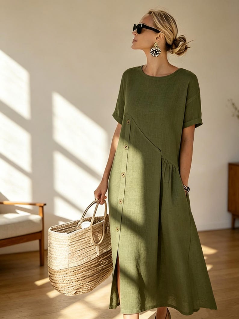 May include: Olive green linen dress with a button-down front and short sleeves. The dress features a side slit and is paired with a woven tote bag. The dress is approximately knee-length.