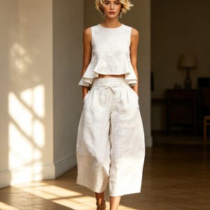 Handmade Cotton Linen Sleeveless Set – Wide Leg Pants Set – Summer Two Piece Outfit – Breathable Natural Fabric – Gift For Her bild 1
