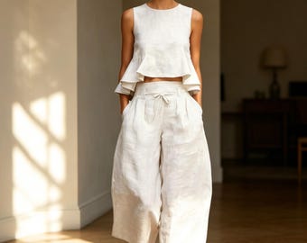 Handmade Tencel Linen Sleeveless Set – Wide Leg Pants Set – Summer Two Piece Outfit – Breathable Natural Fabric – Gift For Her