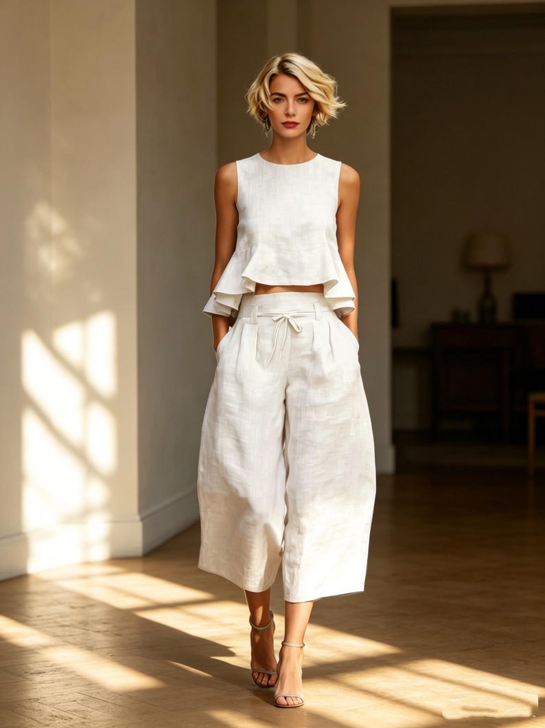 Handmade Cotton Linen Sleeveless Set – Wide Leg Pants Set – Summer Two Piece Outfit – Breathable Natural Fabric – Gift For Her bild 1