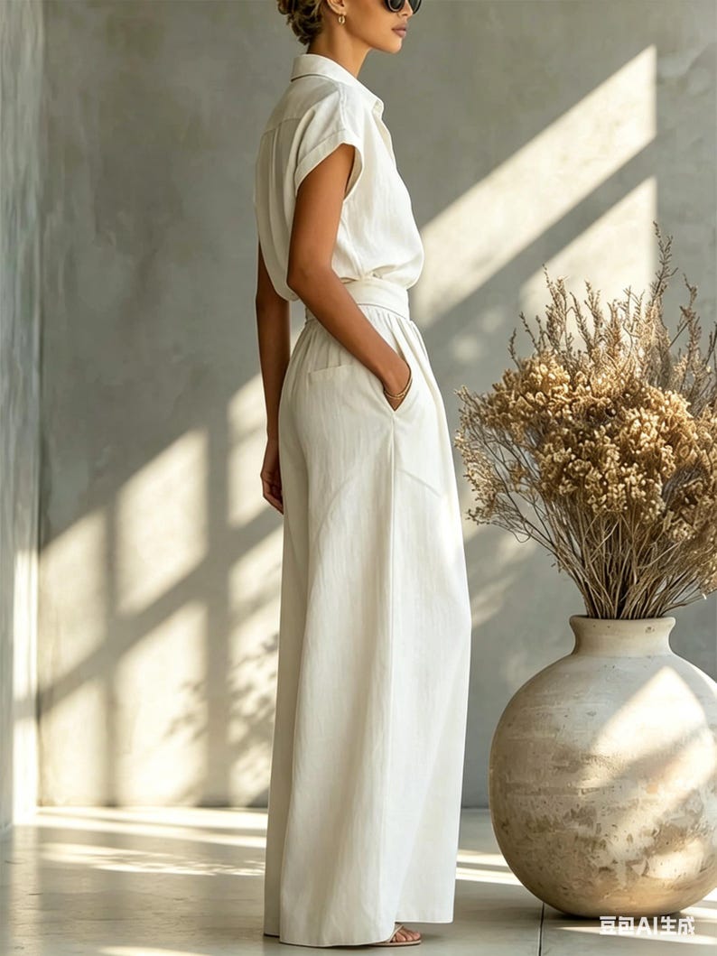 May include: A cream-colored linen jumpsuit with a collared, short-sleeved top and wide-leg pants. The outfit is belted at the waist and has pockets. The model is wearing sunglasses and standing near a large vase with dried plants.
