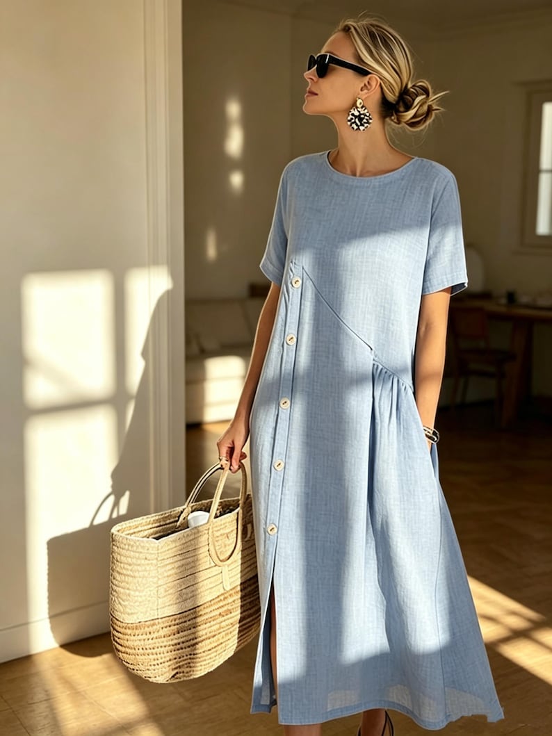 May include: A light blue midi dress with short sleeves and a button-up front. The dress features a side slit and a round neckline. A woven straw tote bag is held in the hand. The dress is made of a lightweight fabric.