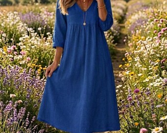 Handmade Cotton Linen Dress – Vintage Style A-Line Flowy Dress – Loose Fit Breathable Summer Maxi for Women