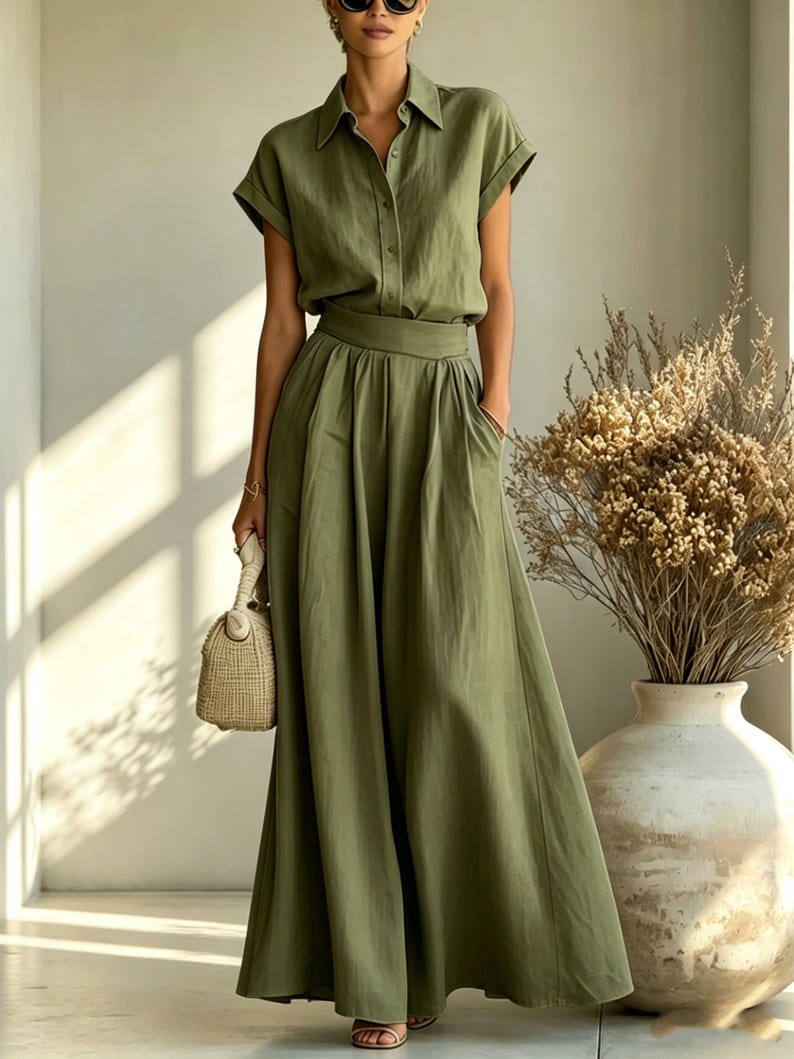 May include: Olive green two-piece outfit featuring a short-sleeved button-down shirt and a flowing maxi skirt. The outfit includes a matching belt and pockets. A woven handbag and sandals complete the look. A large vase with dried plants is in the background.