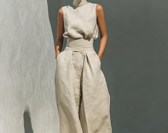Conjunto de algodón sin mangas hecho a mano – Conjunto de pantalón de pierna ancha – Conjunto de dos piezas de verano – Tejido natural transpirable – Regalo para ella