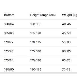 May include: A size chart in English, presented in a table format. The chart includes sizes XS to XXL, with corresponding numeric codes, top and bottom measurements, height ranges in centimeters, weight in kilograms, bust, waist, and hip measurements in centimeters.