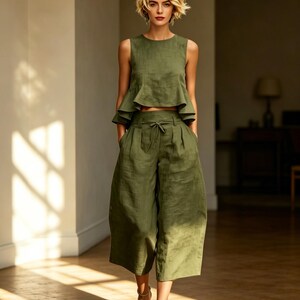 Handmade Cotton Linen Sleeveless Set – Wide Leg Pants Set – Summer Two Piece Outfit – Breathable Natural Fabric – Gift For Her bild 6