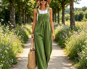 Vintage Handmade Cotton Linen Jumpsuit： Wide Leg - Coastal Cottagecore Style