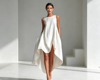 Handmade Cotton Linen Sleeveless Dress – Asymmetric High- Low Hem Boho Maxi