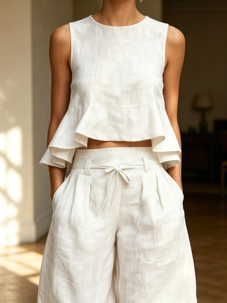 Handmade Cotton Linen Sleeveless Set – Wide Leg Pants Set – Summer Two Piece Outfit – Breathable Natural Fabric – Gift For Her bild 4