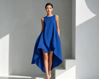 Handmade Tencel Linen Sleeveless Dress – Asymmetric High-Low Hem Boho Maxi