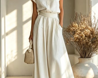 Tencel And Linen Summer Casual Solid Shirt and Wide Leg Pants - Two-Piece Set - Gift For Her