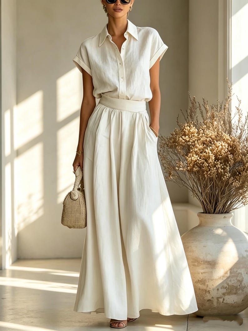 May include: A cream-colored linen two-piece set consisting of a short-sleeved button-down shirt and a flowing maxi skirt. The outfit is paired with a woven handbag and sandals. The ensemble is suitable for warm weather and casual occasions.