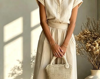 Cotton Linen Summer Casual Solid Shirt and Wide Leg Pants - Two-Piece Set - Gift For Her