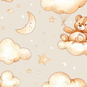 Puede incluir: Patrón repetitivo con un oso de peluche sobre una nube, una luna creciente, estrellas y nubes. La paleta de colores incluye tonos de marrón, beige y blanco, creando un diseño suave y caprichoso. El estilo recuerda a una ilustración infantil.