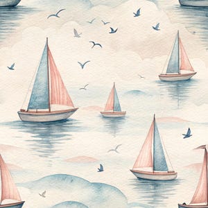 May include: Watercolor illustration of sailboats on the water with seagulls flying overhead. The boats have white hulls and sails in shades of pink and blue. The background features soft clouds and a serene, nautical theme.