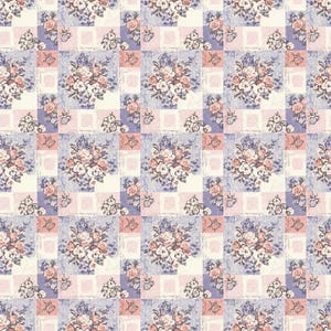 May include: A repeating pattern featuring a floral design. The pattern is composed of squares with a central bouquet of roses in shades of pink, cream, and lavender. The background squares alternate between cream, light blue, and pink.