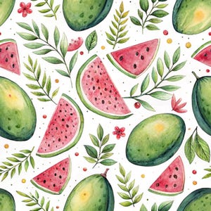 Nahtloser Baumwollstoff mit Wassermelonen- und Avocado-Motiv – Sommerfruchtstoff (0,5 Yards)