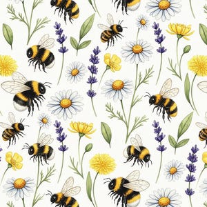Puede incluir: Patrón de acuarela con abejas, margaritas, dientes de león y ramitas de lavanda sobre un fondo blanco. Las abejas son negras y amarillas, las margaritas tienen pétalos blancos y centros amarillos, y los dientes de león son amarillos.