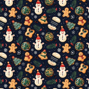 Può includere: Un motivo festivo con biscotti e decorazioni natalizie su sfondo blu scuro. Il design include omini di pan di zenzero, pupazzi di neve, alberi di Natale e biscotti rotondi, insieme a fiocchi di neve e rametti di verde.