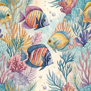 Könnte beinhalten: Aquarellillustration von bunten Fischen, die zwischen Korallen und Seegras schwimmen. Die Fische haben Streifen in Orange, Gelb und Blau. Die Korallen sind rosa, orange und lila. Das Seegras ist blau und grün.