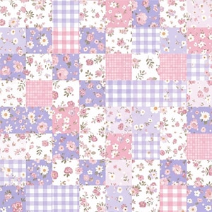 May include: A patchwork pattern featuring squares of floral prints, gingham checks, and solid colors in shades of pink, lavender, and white. The floral patterns include roses and daisies. The overall design is a mix of cottagecore and vintage aesthetics.
