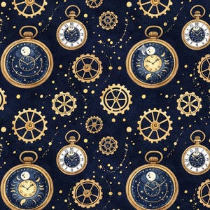 May include: A repeating pattern featuring gold-coloured cogs and pocket watches on a dark blue background. The pocket watches have a gold frame and a celestial design on the face. The cogs are of various sizes and are scattered throughout the design.