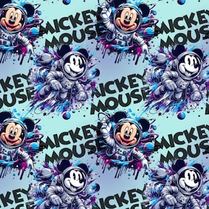 May include: A repeating pattern on a light blue background featuring Mickey Mouse wearing a white astronaut suit and helmet. The design includes colorful cosmic splashes, planets, and the text Mickey Mouse in bold black capital letters throughout.