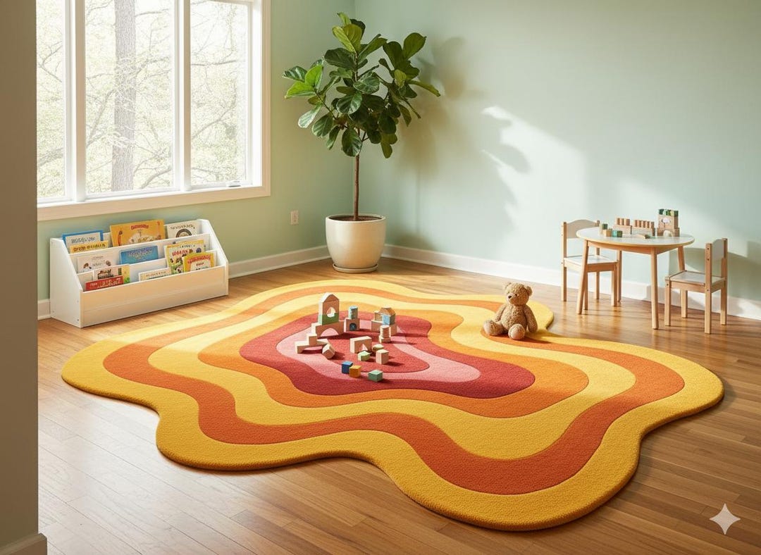 Retro Sun Wavy Kids Rug | Abstract Boho Nursery Decor - Etsy