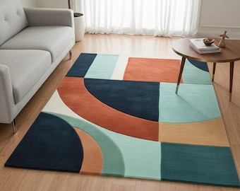 Modern Geometric Area Rug, Abstract Color Block, Mid Century Scandinavian Carpet