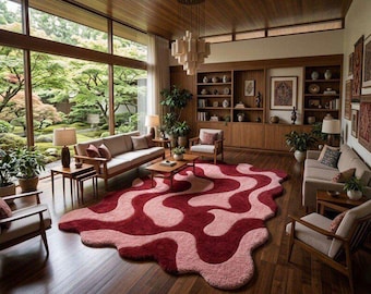 Großer Teppich (244 x 30 cm / 274 x 365 cm), abstrakter Teppich in Rot und Rosa, handgetufteter Wollteppich, gewellter Bio-Teppich, Wohn- und Schlafzimmerdekoration